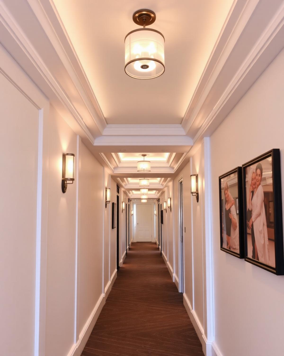 Corredor de hotel com forro em drywall e iluminação embutida — litoral de Pernambuco