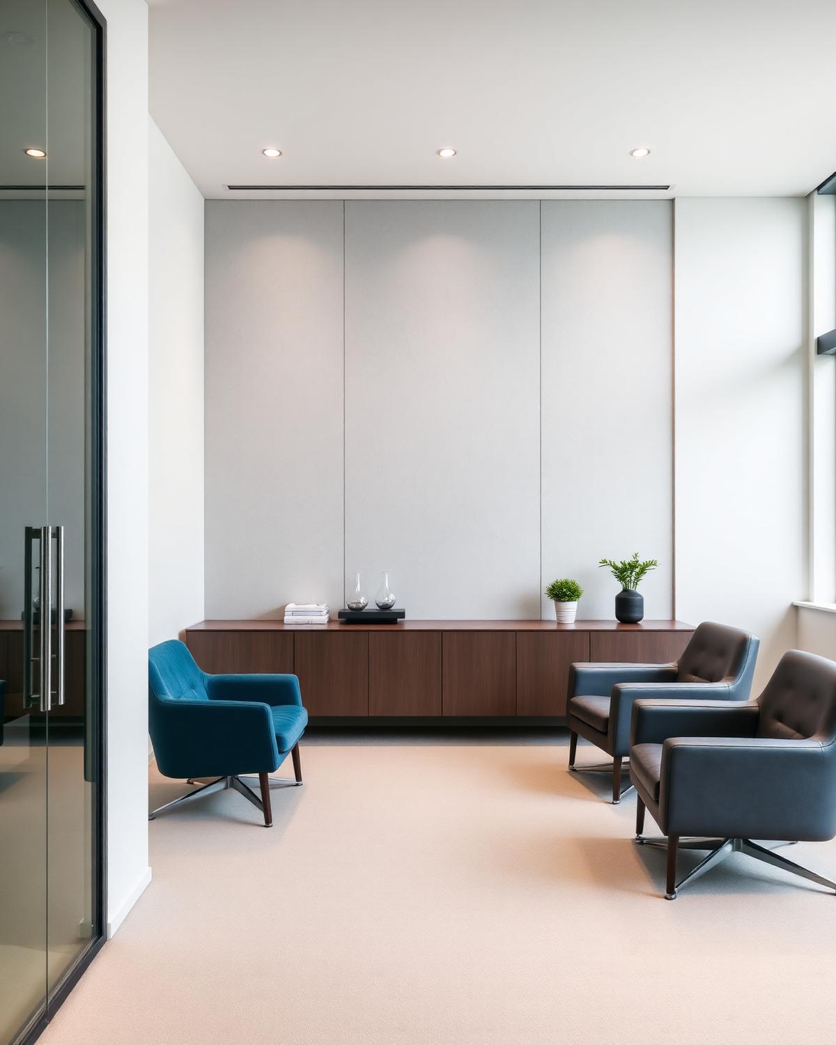 Sala executiva com parede em drywall e detalhes em madeira