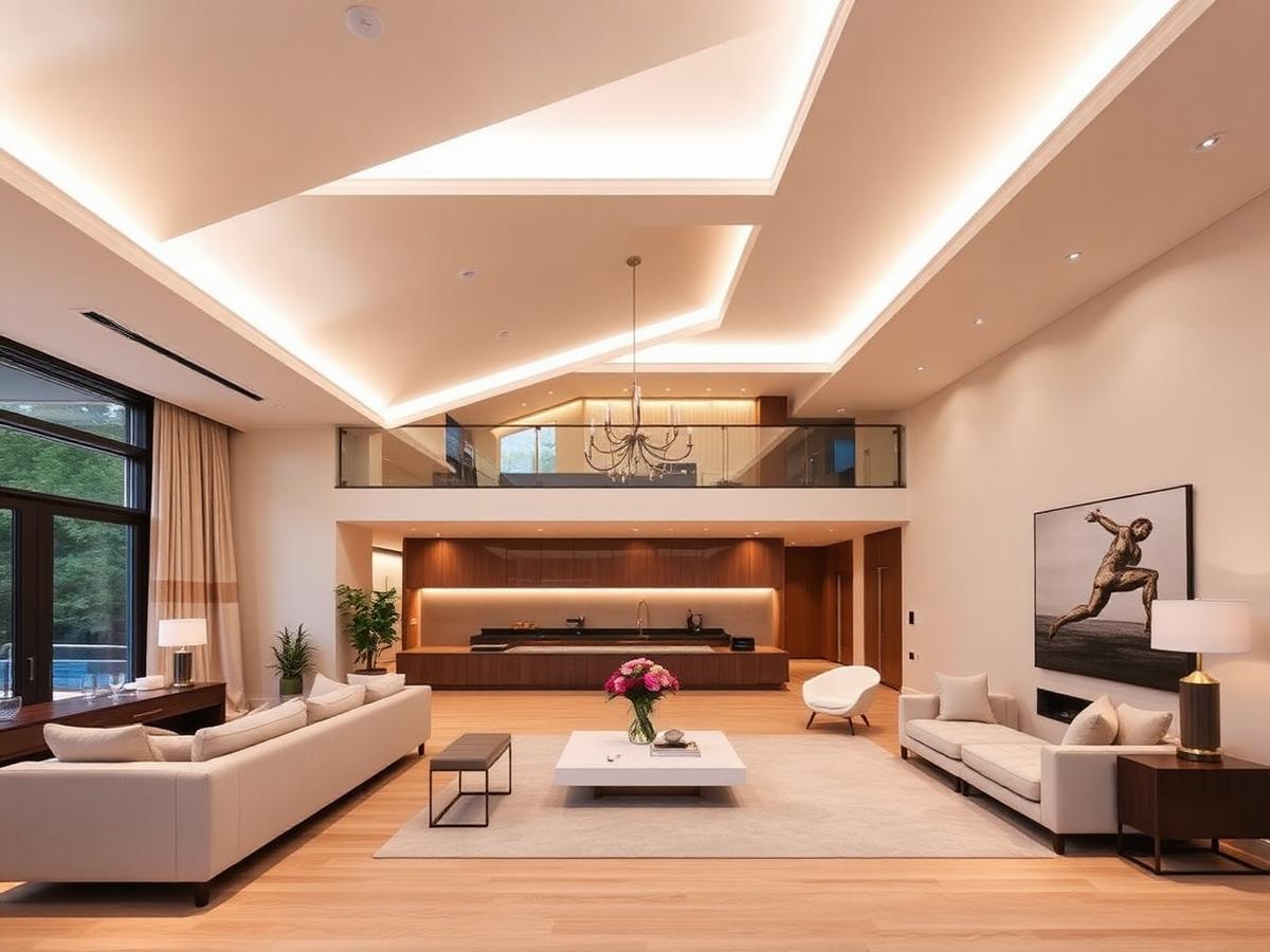 Lobby de hotel com forro rebaixado em drywall e sancas escalonadas