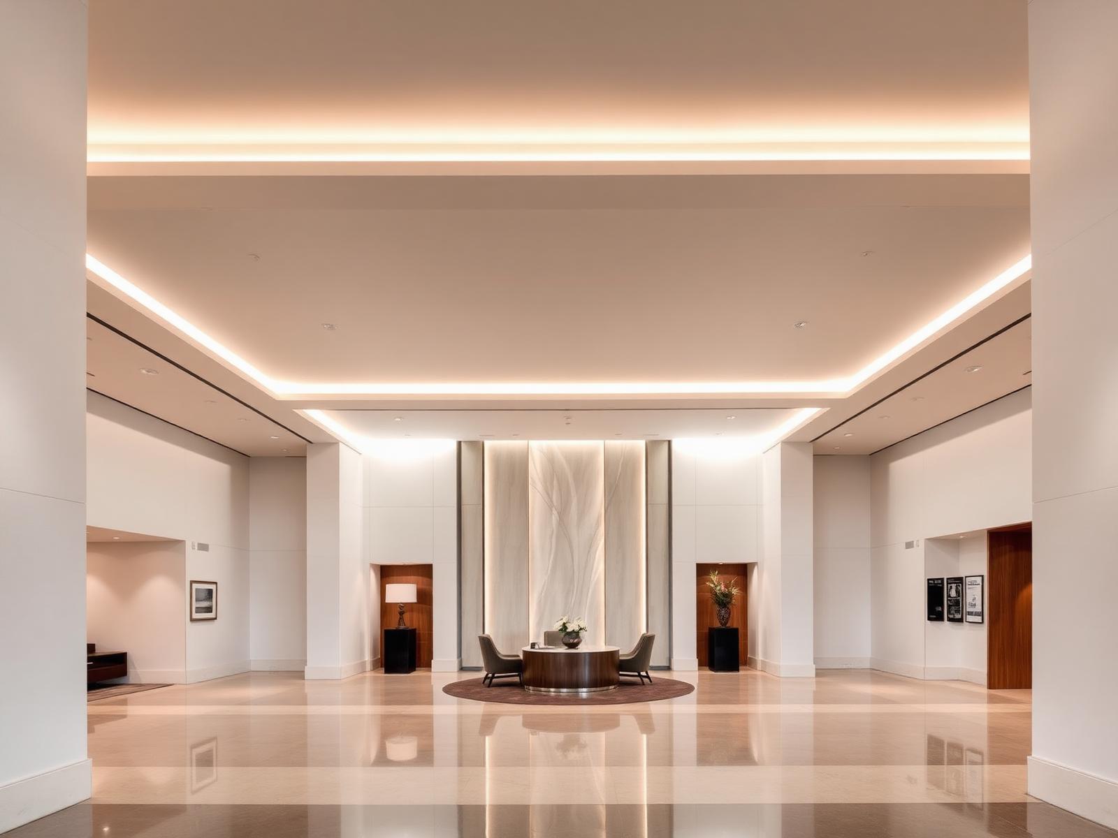 Lobby de hotel contemporâneo com forro em drywall, sanca iluminada e acabamento de alto padrão no litoral de Pernambuco